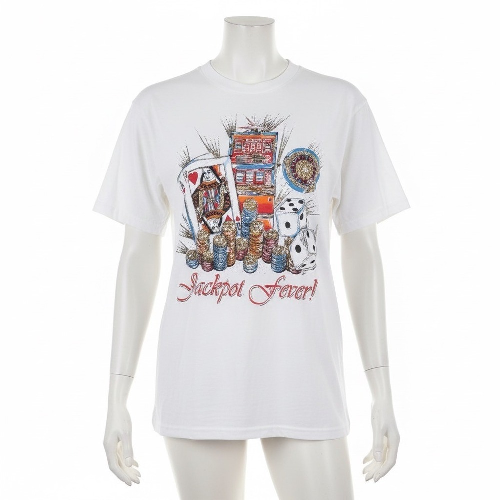 Vintage 90s Diamond Dust Tee T-Shirt Large‎ White Glitter Jackpot Fever